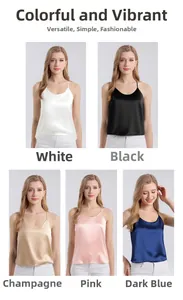 Detailed palette of mulberry silk camisoles in white, black, champagne, pink, and dark blue