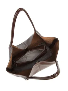 Deep brown faux leather tote bag with interior pouch and magnetic buckle closure