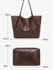 Deep brown leather tote bag with matching zippered pouch and detailed size measurements