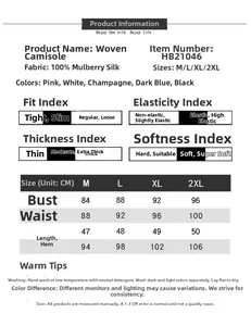 Size guide table for 100% mulberry silk camisole top with detailed measurement chart