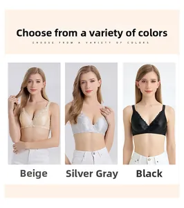 Silk lace bras in beige, silver grey, and black showing wireless comfort and adjustable straps