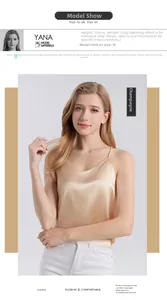 Detail of V-neck champagne silk camisole showing premium mulberry silk texture and thin straps
