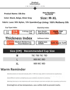 Size chart and technical specs for lace mulberry silk wireless push-up bra M-XL