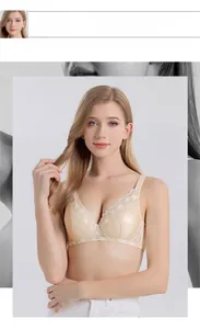 Detailed view of beige mulberry silk lace bra with seamless fit on a female model