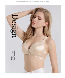 Close-up of elegant beige lace bra detailing with mulberry silk fabric and wire-free cups