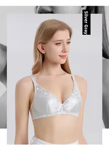 Detailed close-up of a silver gray silk bra featuring exquisite floral lace patterns