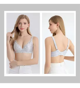 Detail of elegant light grey silk lace bra featuring floral embroidery and U-back structure