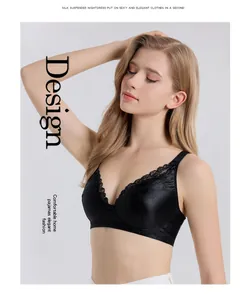 Close-up of black silk bra featuring elegant lace edges and a deep V-neckline design