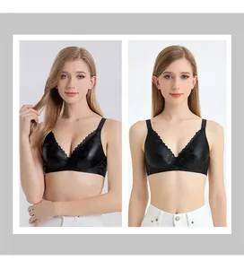 Detail view of black silk lace bra with deep V-cut and wide comfortable straps