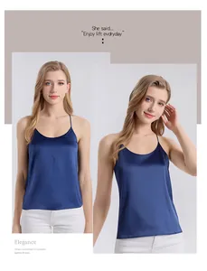 Detailed close-up of navy blue silk camisole with thin spaghetti straps and glossy texture
