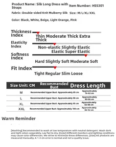 Größentabelle für Maulbeerseide-Unterkleid mit Maßen von M bis XXL und Stoffdetails