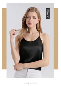 Detail of a black silk camisole top for women featuring thin straps and a minimalist design