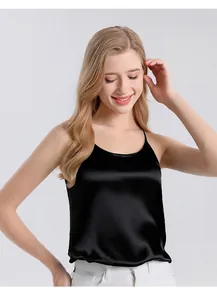 Detail of black silk camisole featuring smooth satin texture and elegant thin straps