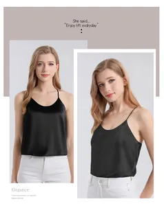 Detail of minimalist black silk satin camisole with thin straps and smooth texture