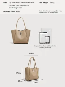 Maattabel voor grote kaki shopper tas met afmetingen en vergelijkingsschema