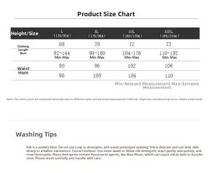 Detailed size chart for men's silk tank top with chest and length measurements