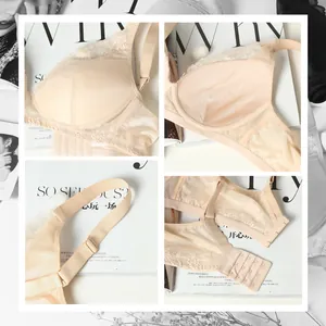 Silk lace wireless push-up bra in beige, featuring breathable cups and 4-row hook closure