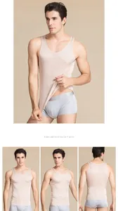 Detailed multi-angle view of champagne silk undershirt and grey briefs for men