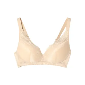 Lace mulberry silk wireless push-up bra in nude color with breathable wide straps