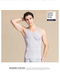 Detail view of men's silver gray silk vest and matching underwear set in premium fabric