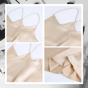 Elegant champagne silk satin camisole top with thin straps and V-neckline details