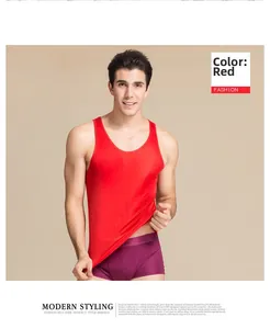 Detailed close-up of a red mulberry silk men's tank top and burgundy boxer shorts