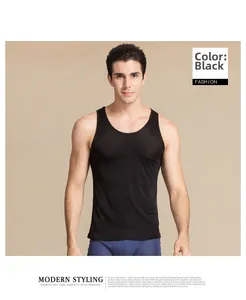 Close-up of a black silk knit tank top for men showing smooth fabric texture and round neck