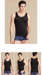 Detailed views of men's silk tank top showing slim fit design and breathable fabric texture
