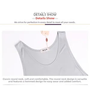 Detailed view of the classic round neckline on a gray breathable silk knit vest for men