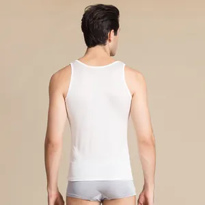 Men's premium white mulberry silk sleeveless vest shown from a slim fit back view