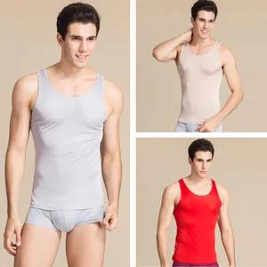 Men's silk knit undershirts in grey, beige, and red colors with a slim fit design