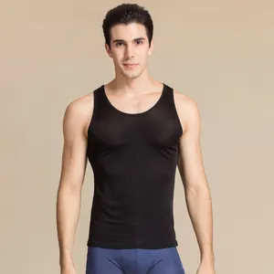 Men's silk knit undershirt slim fit black sleeveless tank top for breathable comfort