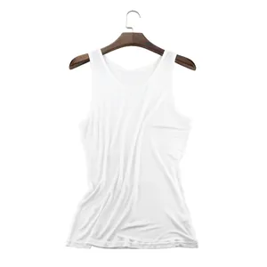 Classic white pure silk knitted sleeveless tank top for men hanging on wooden hanger