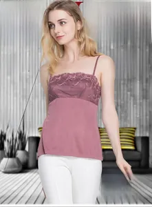 Detail of silk camisole with floral mesh embroidery and 100% mulberry silk texture