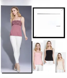 Detail showing lace-trimmed silk camisoles in pink, black, and beige color options