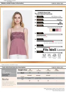 Size chart and measurement details for the knitted silk mesh embroidery camisole top