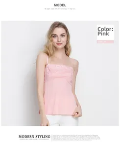 Detail of pink knitted silk camisole featuring delicate floral lace embroidery and slim fit