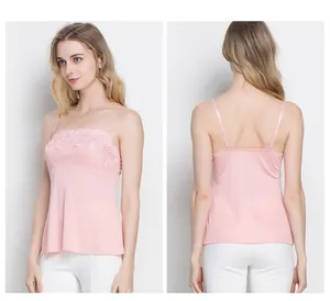Close-up of pink silk camisole with delicate lace embroidery and thin shoulder straps