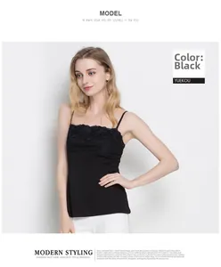 Detail of black silk camisole featuring intricate floral lace embroidery and slim straps