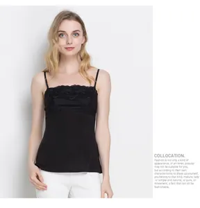 Detail of elegant black silk camisole featuring delicate floral lace embroidery on neckline