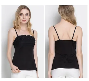 Detailed front and back view of a slim black silk camisole with delicate lace embroidery