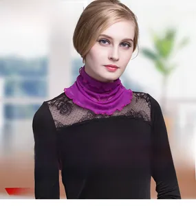 Detailed view of purple silk mesh neck gaiter with wave edges on a model in lace top