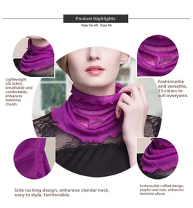 Detail of purple silk neck scarf featuring ruffled edges and ruched mesh texture