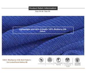 Detail of dark blue mulberry silk knit fabric showing fine mesh texture and soft sheen