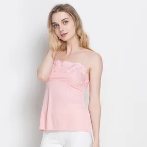 Pink silk knit camisole for women with floral lace embroidery and slim shoulder straps