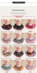 Collage of 12 floral and pattern silk neck gaiters with elegant ruffle edges for women