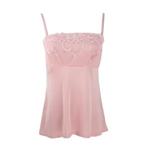 Pink silk knit camisole top featuring delicate floral embroidery and lace appliques