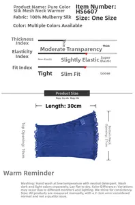 Detailed size chart for pure silk mesh neck gaiter with specific measurements and fabric info