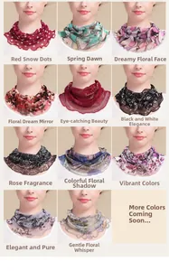 Collage of eleven stylish patterned silk neck scarves with pleated edges and floral prints
