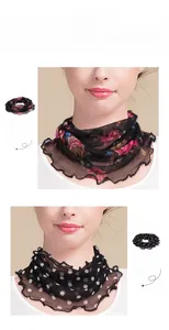 Detail of sheer silk neck gaiters with floral and polka dot prints for women
